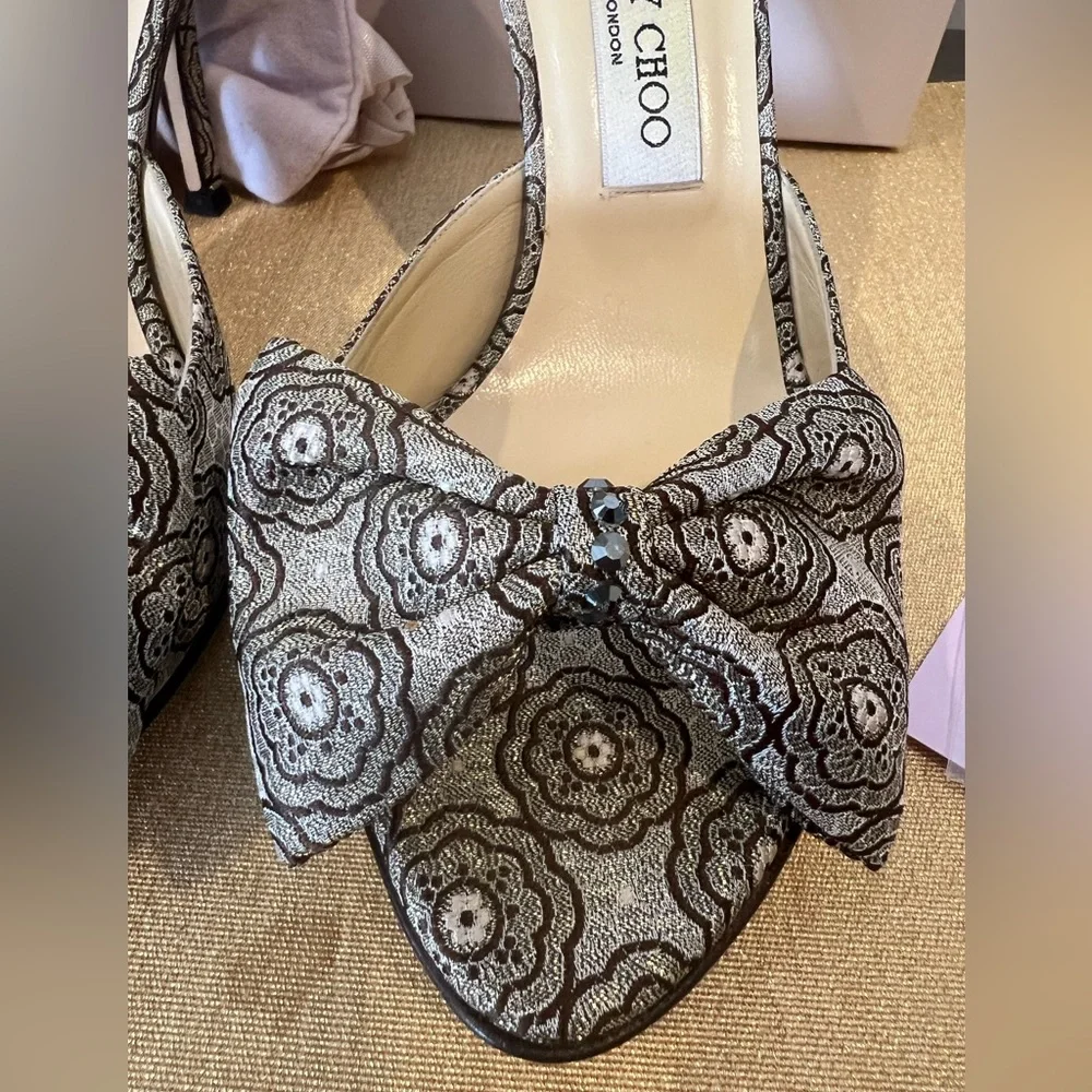 Jimmy Choo Kerala Brocade Gold Brown Silver Crystal Mules Shoes Stiletto 39 XE - Picture 3 of 7